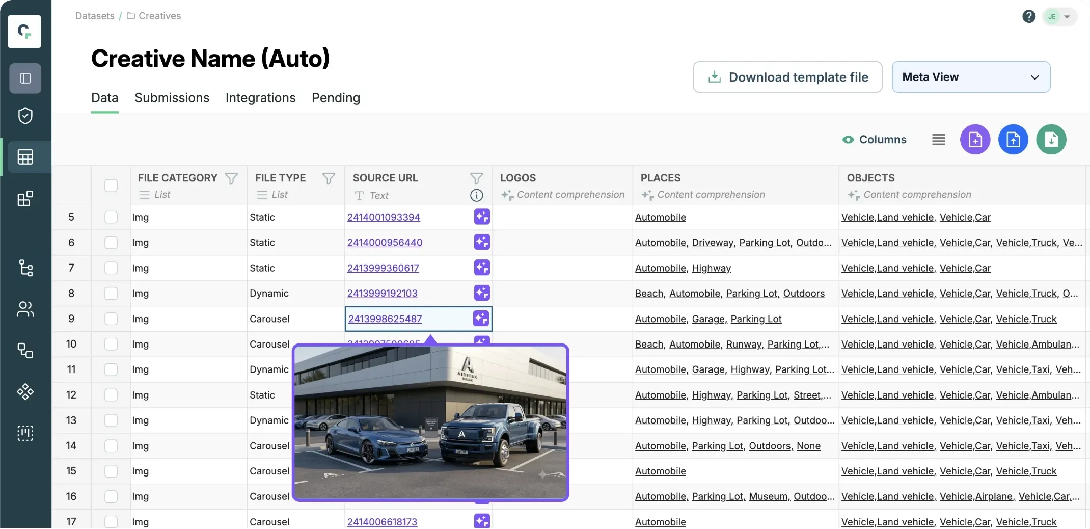 A Claravine content dataset of creatives, each tagged with AI-generated places and objects, with an image preview.