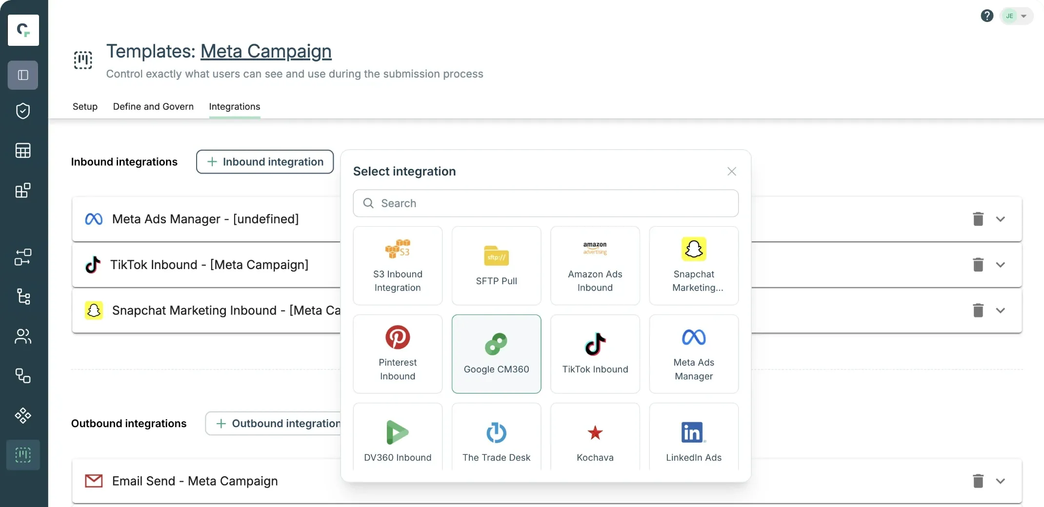 Claravine's integration picker: S3, SFTP, Amazon Ads, Snapchat, Pinterest, Google CM360, TikTok, Meta and more.