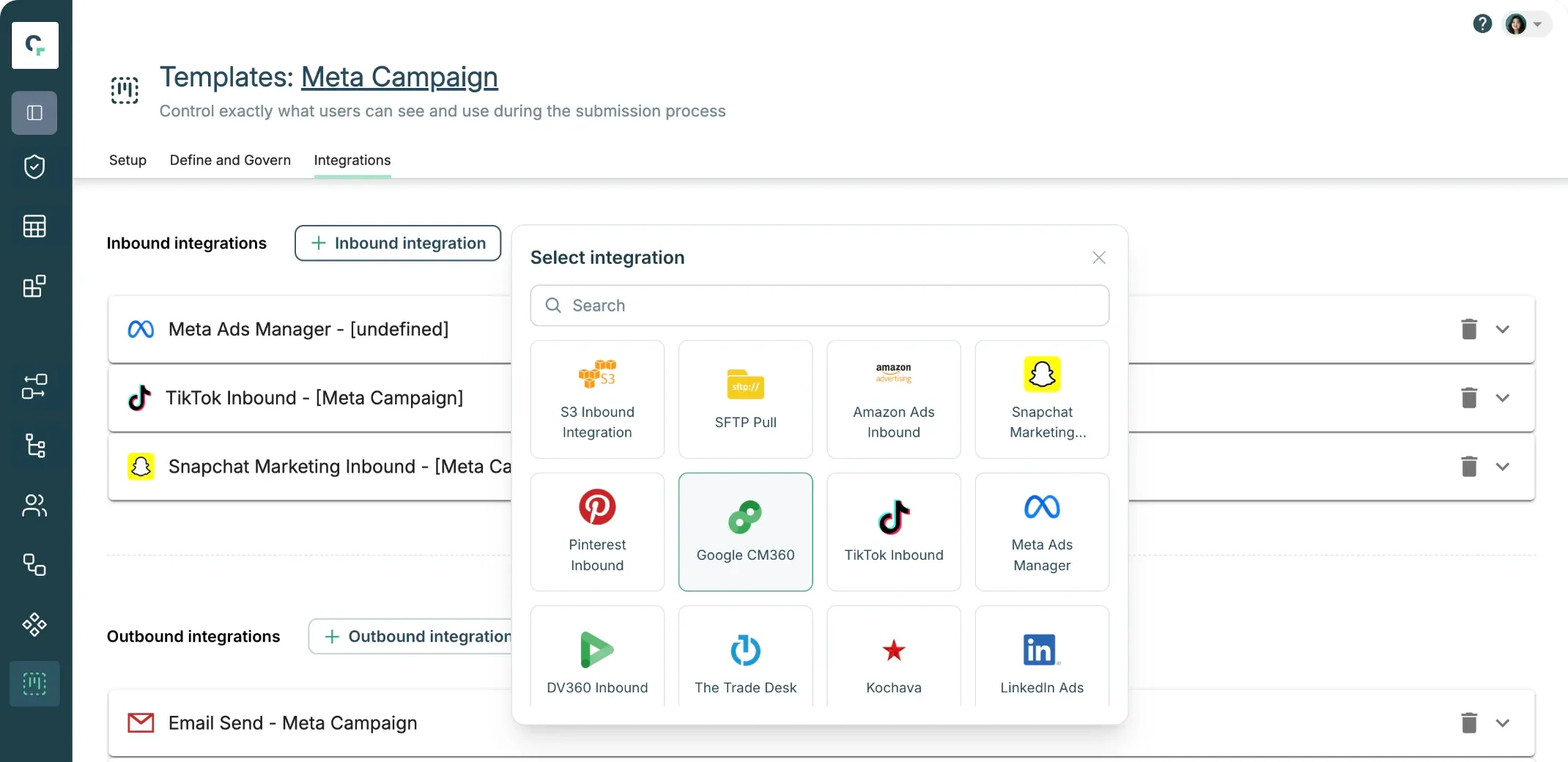 Claravine's integration picker: S3, SFTP, Amazon Ads, Snapchat, Pinterest, Google CM360, TikTok, Meta and more.