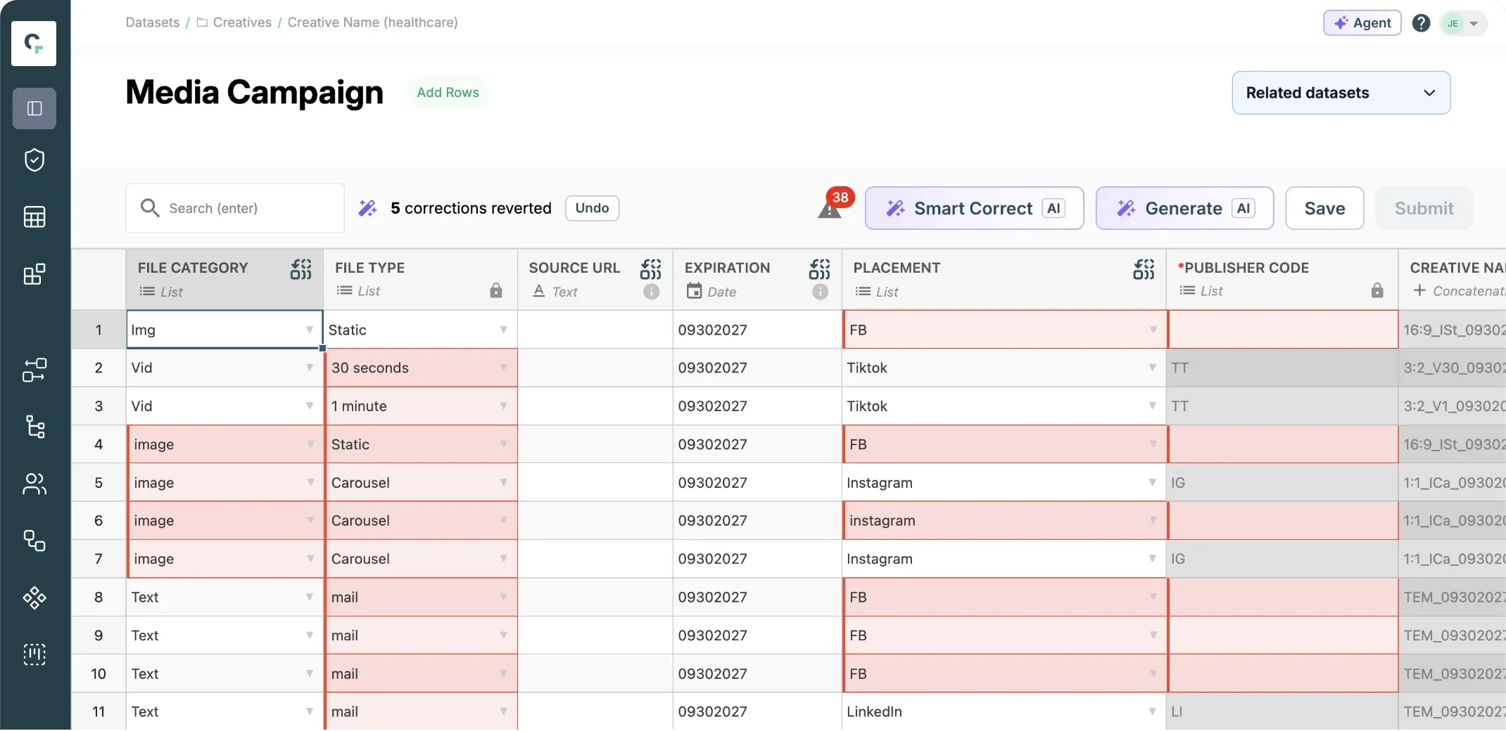 A media campaign submission in Claravine with 38 errors: invalid values such as FB and mail flagged in red, row by row.